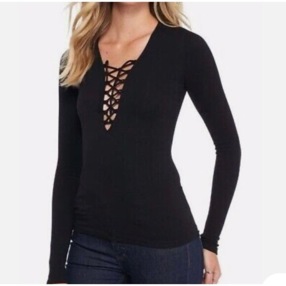 INTIMATELY FREE PEOPLE Black Lace-Up Seamless Long Sleeve Ribbed Tee Size M/L - Picture 1 of 7
